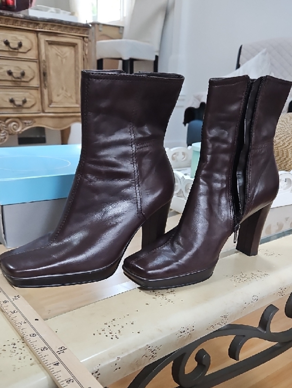 Nine West Dark Brown Square-Toe Leather Ankle Boots - Picture 10 of 12